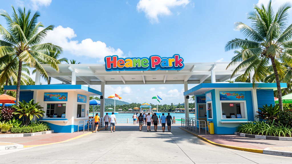Aqua Planet entrance gate with tropical landscaping