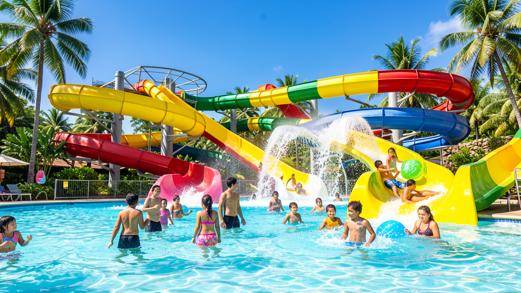 Families enjoying water slides and splash features