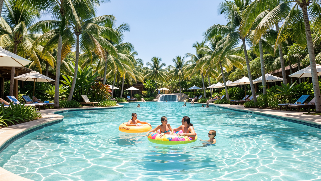 Lazy river with tropical surroundings and floating tubes