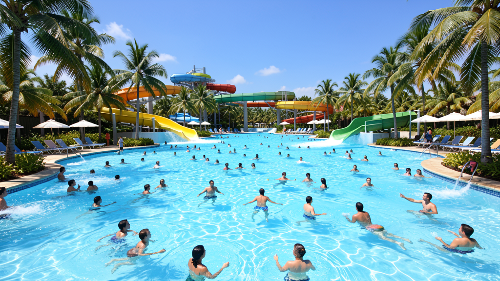 Large wave pool with crystal blue water and swimmers